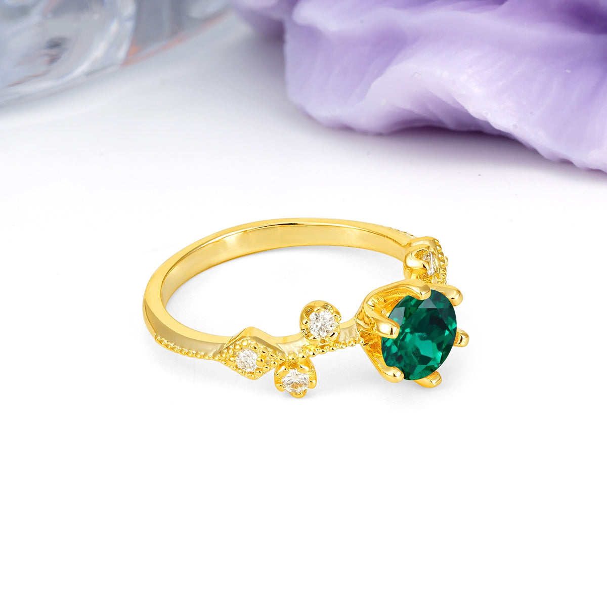 Classic, Minimalist 6-Prong Round Cut Emerald Engagement Ring - Additional view