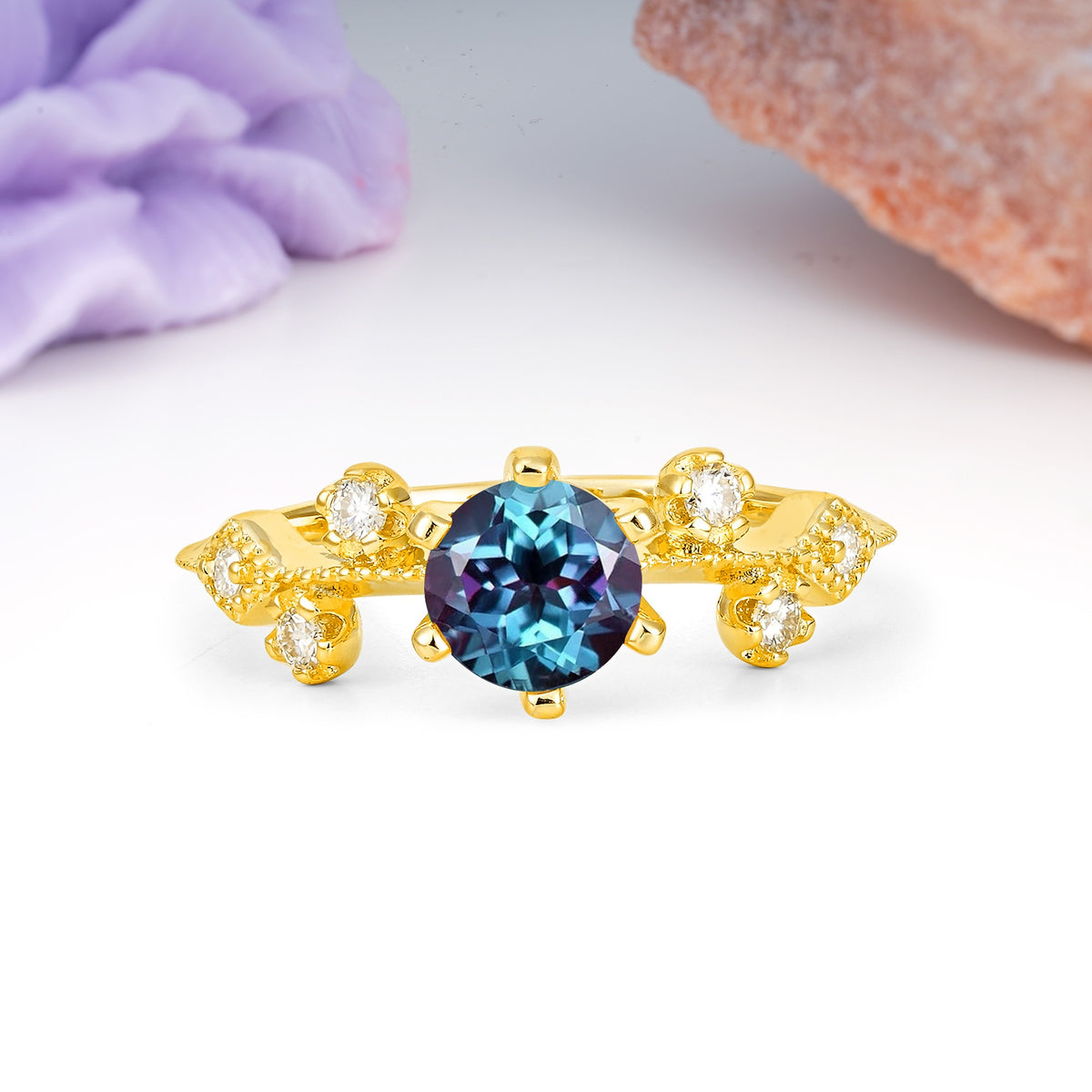 Classic, Minimalist 6-Prong Round Cut Alexandrite Engagement Ring - Additional view