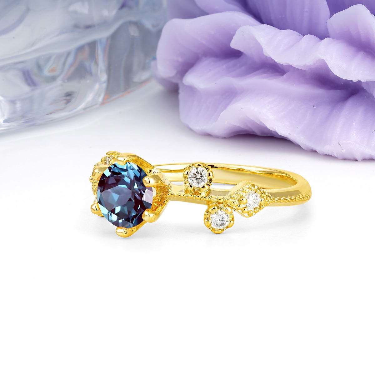 Classic, Minimalist 6-Prong Round Cut Alexandrite Engagement Ring - Additional view