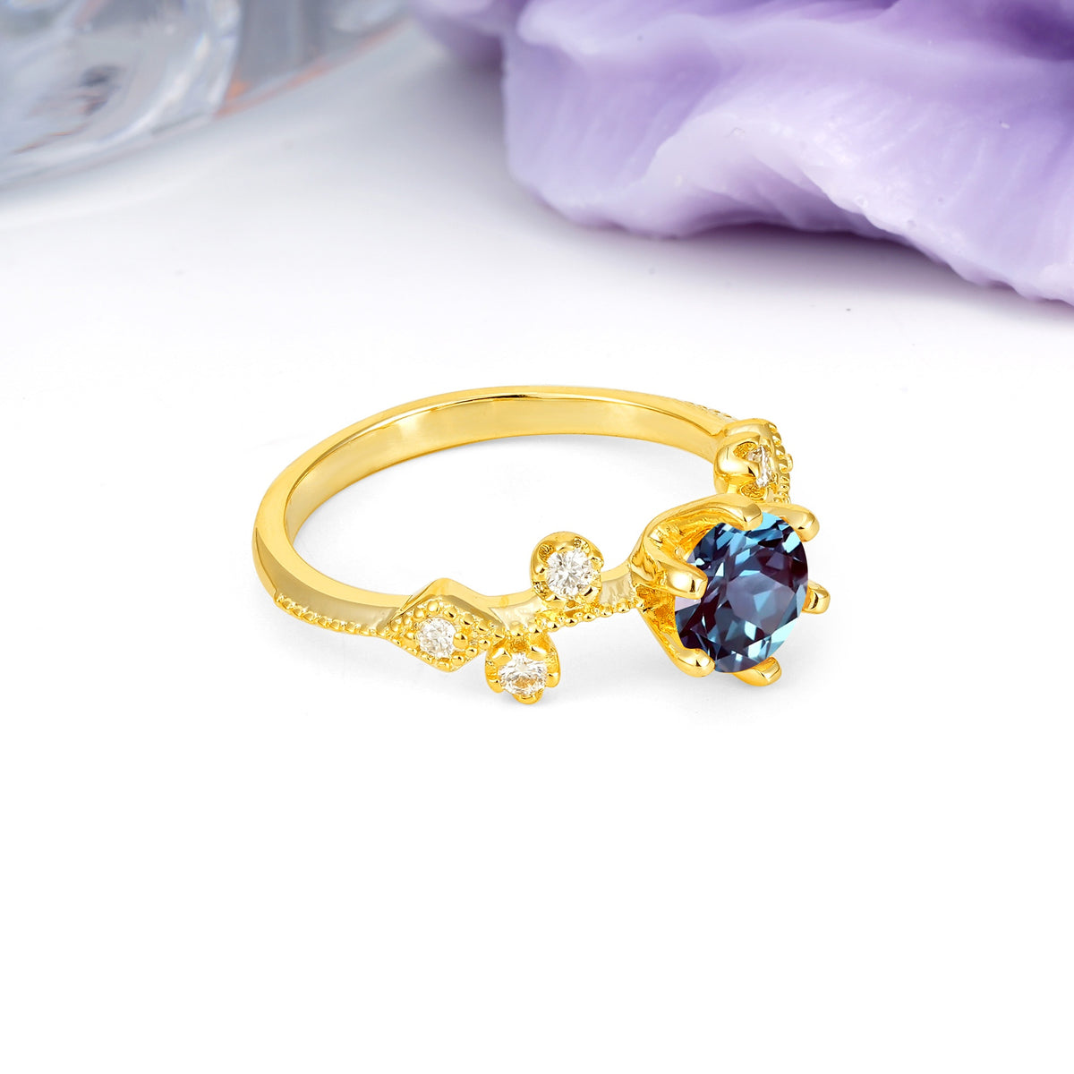 Classic, Minimalist 6-Prong Round Cut Alexandrite Engagement Ring - Additional view