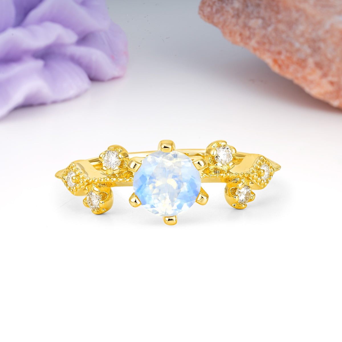 Classic, Minimalist 6-Prong Round Cut Moonstone Engagement Ring - Additional view