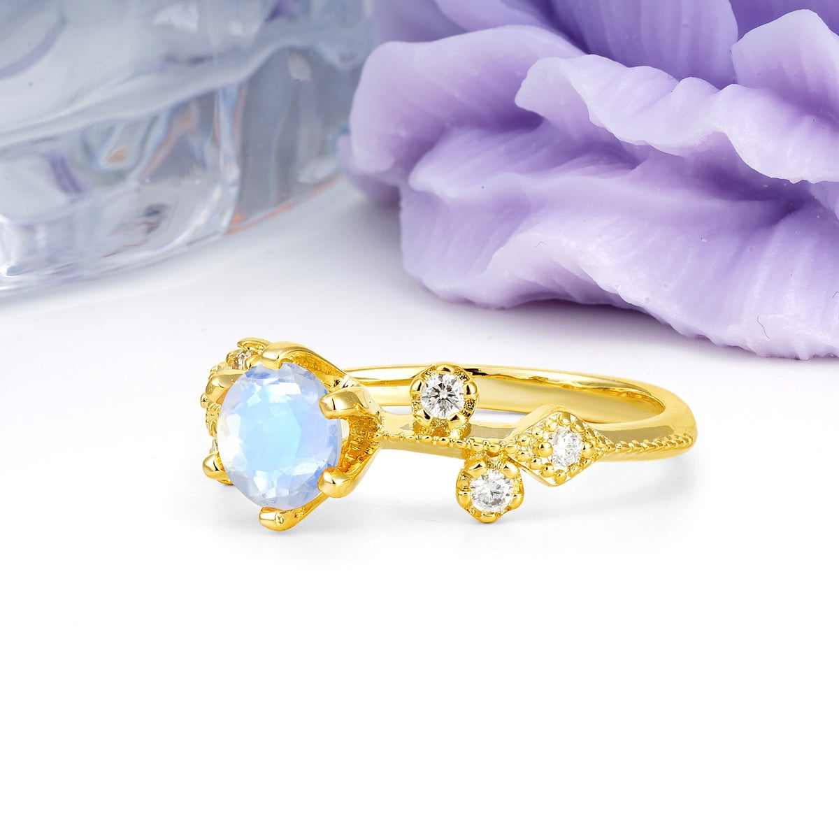 Classic, Minimalist 6-Prong Round Cut Moonstone Engagement Ring - Additional view