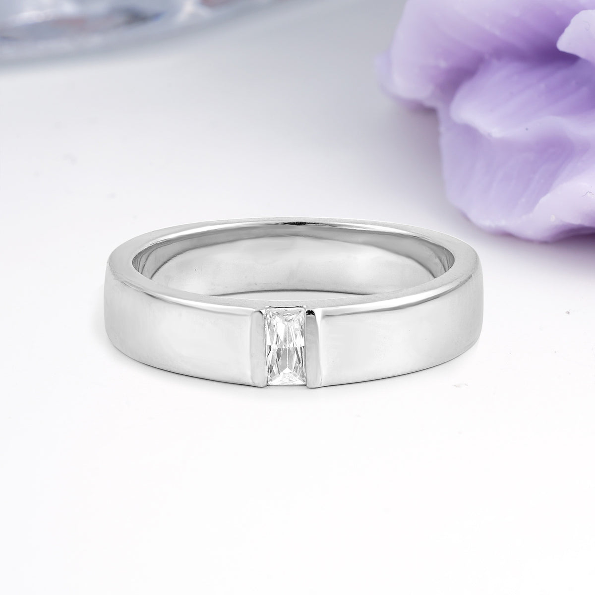 Unique Flush Set Emerald Cut Men's Moissanite Wedding Ring - Additional view