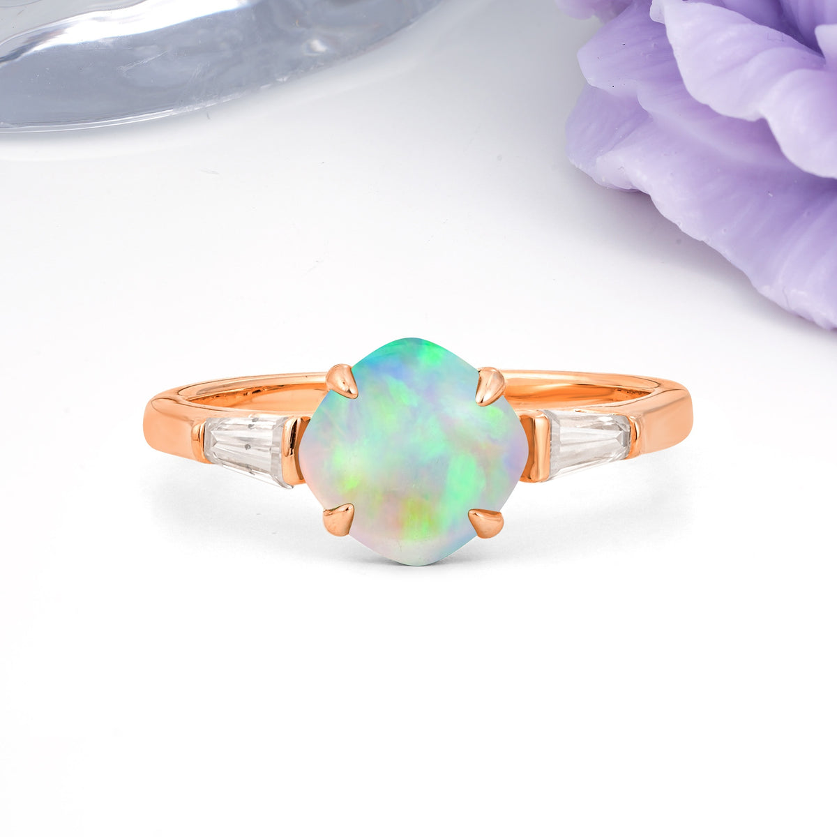 Classic, Minimalist 4-Prong Princess Cut Fire Opal Engagement Ring - Additional view