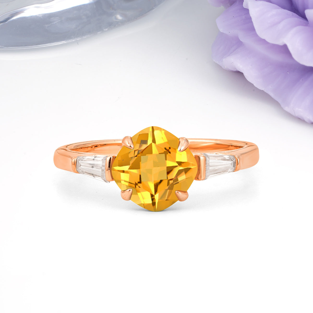 Classic, Minimalist 4-Prong Princess Cut Citrine Engagement Ring - Additional view