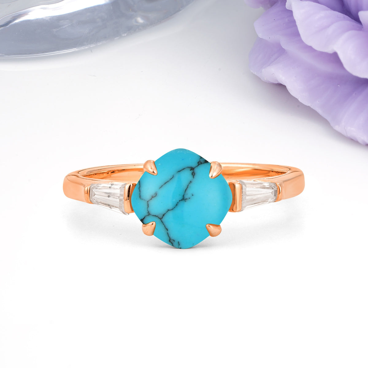 Classic, Minimalist 4-Prong Princess Cut Turquoise Engagement Ring - Additional view