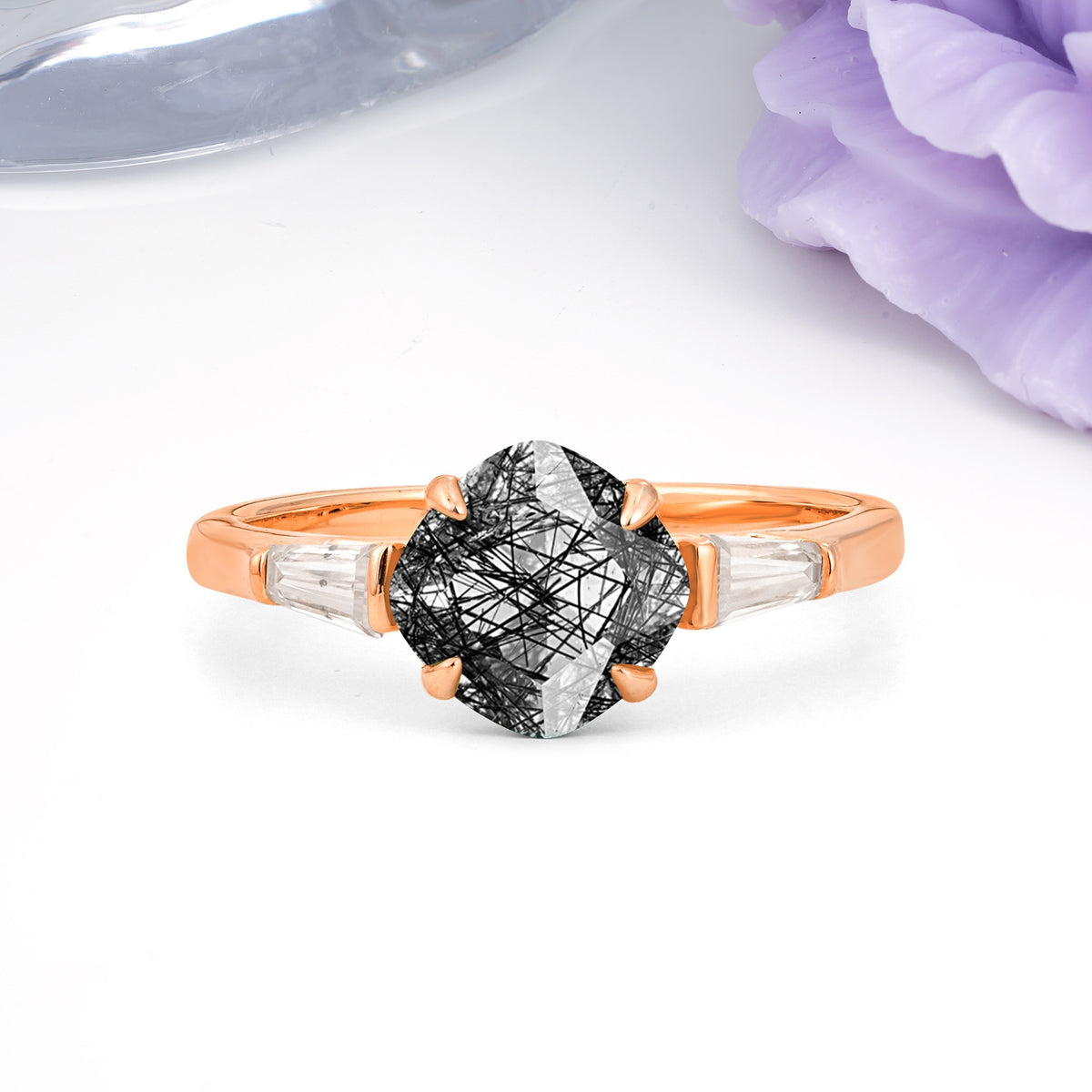 Classic, Minimalist 4-Prong Princess Cut Black Rutilated Quartz Engagement Ring - Additional view