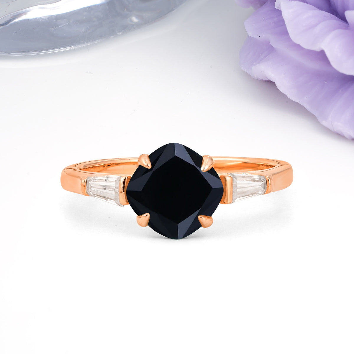 Classic, Minimalist 4-Prong Princess Cut Black Onyx Engagement Ring - Additional view