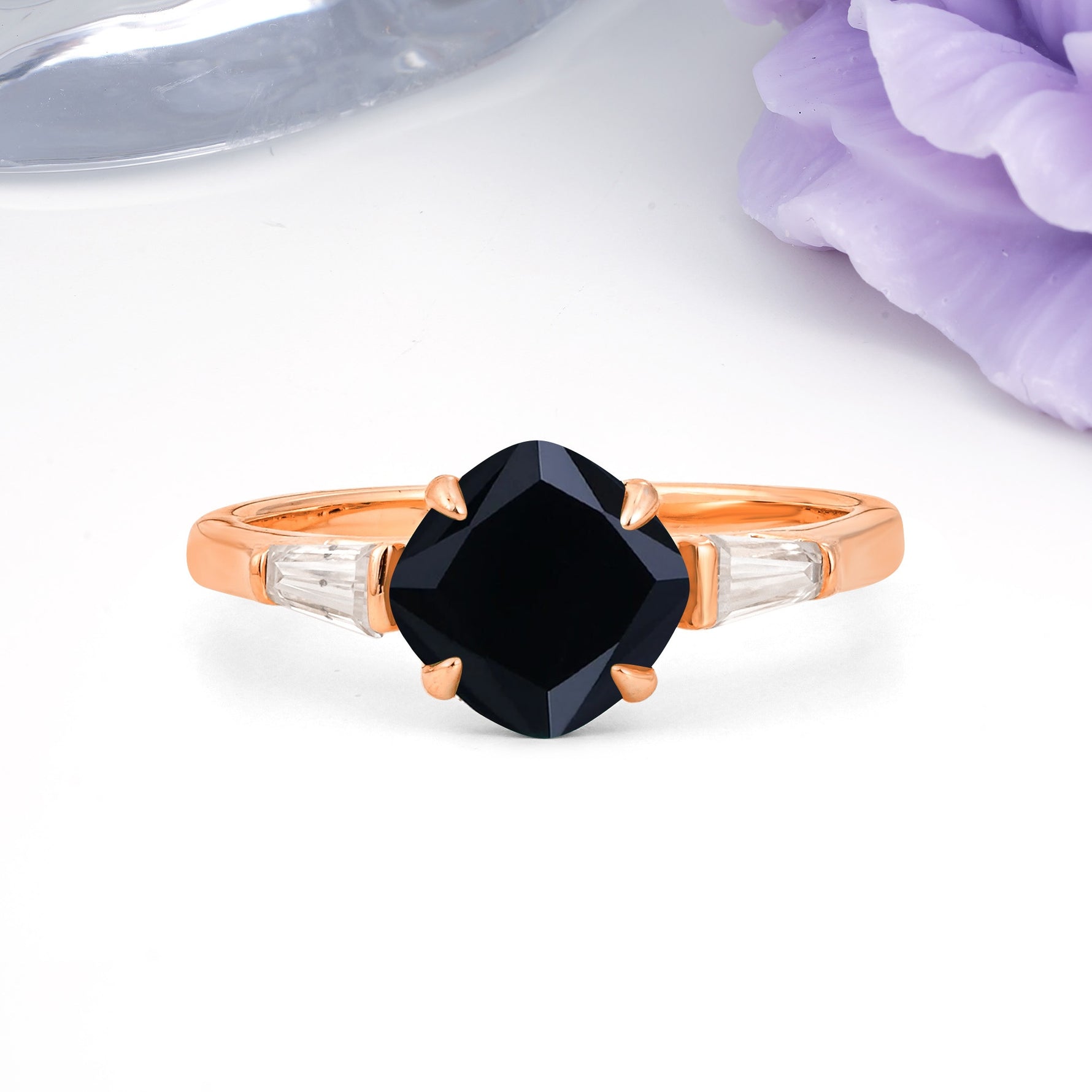 Classic, Minimalist 4-Prong Princess Cut Black Onyx Engagement Ring - Additional view