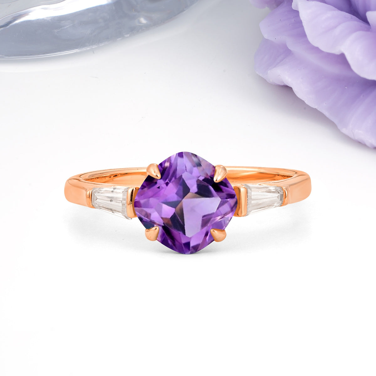 Classic, Minimalist 4-Prong Princess Cut Amethyst Engagement Ring - Additional view