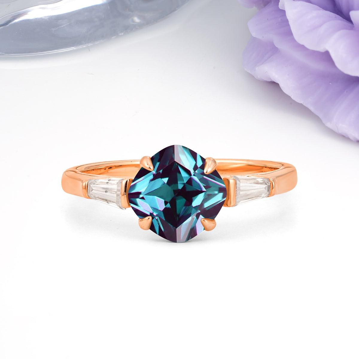 Classic, Minimalist 4-Prong Princess Cut Alexandrite Engagement Ring - Additional view