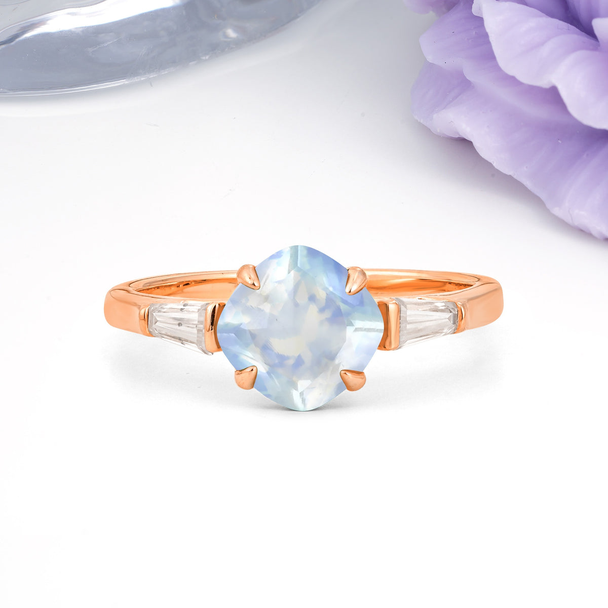 Classic, Minimalist 4-Prong Princess Cut Moonstone Engagement Ring - Additional view