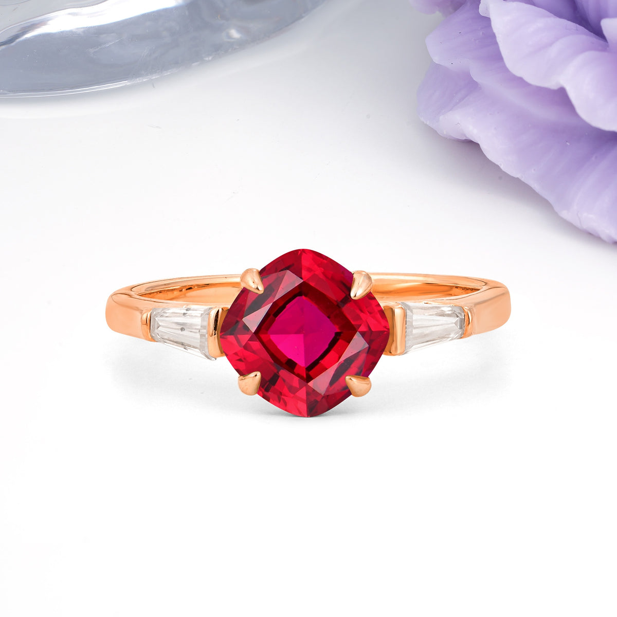 Classic, Minimalist 4-Prong Princess Cut Ruby Engagement Ring - Additional view