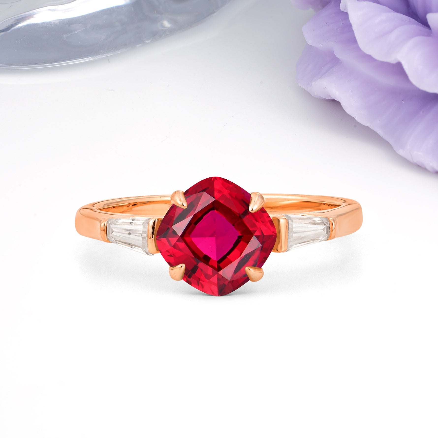 Classic, Minimalist 4-Prong Princess Cut Ruby Engagement Ring - Additional view