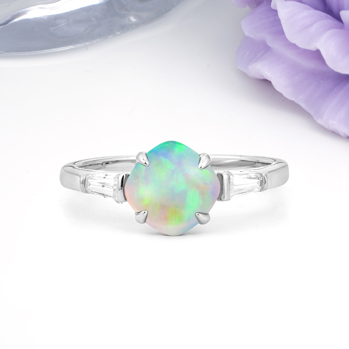 Classic, Minimalist 4-Prong Princess Cut Fire Opal Engagement Ring - Additional view