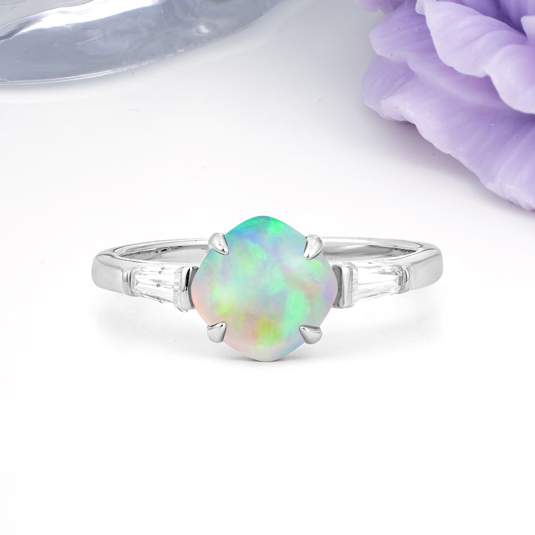 Classic, Minimalist 4-Prong Princess Cut Fire Opal Engagement Ring - Additional view