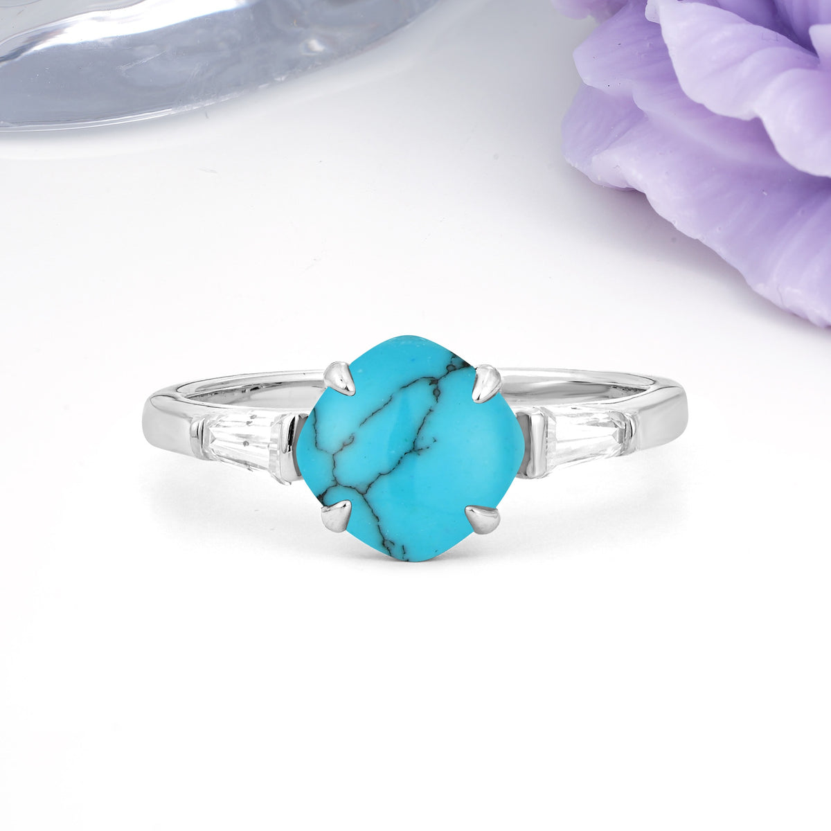 Classic, Minimalist 4-Prong Princess Cut Turquoise Engagement Ring - Additional view