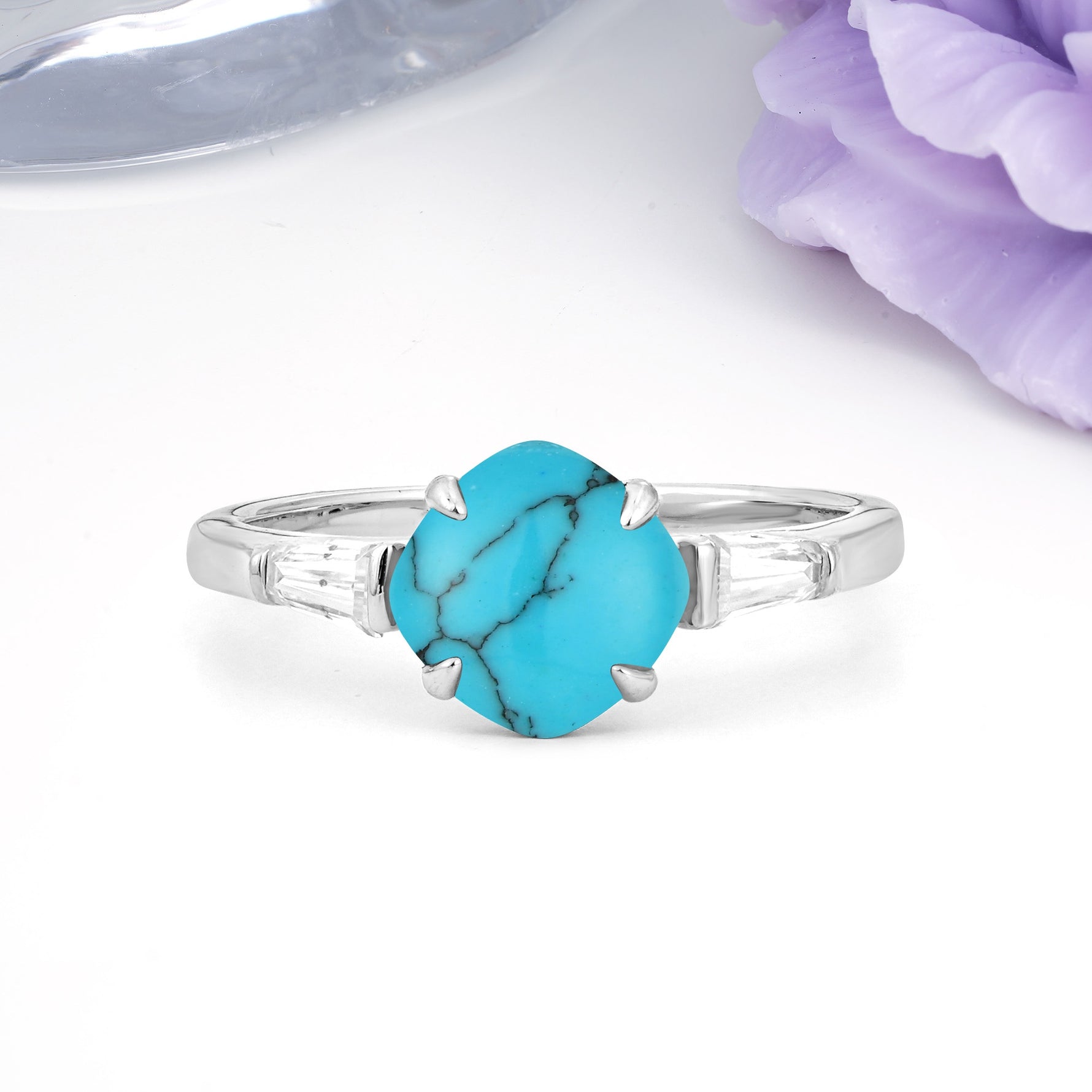 Classic, Minimalist 4-Prong Princess Cut Turquoise Engagement Ring - Additional view
