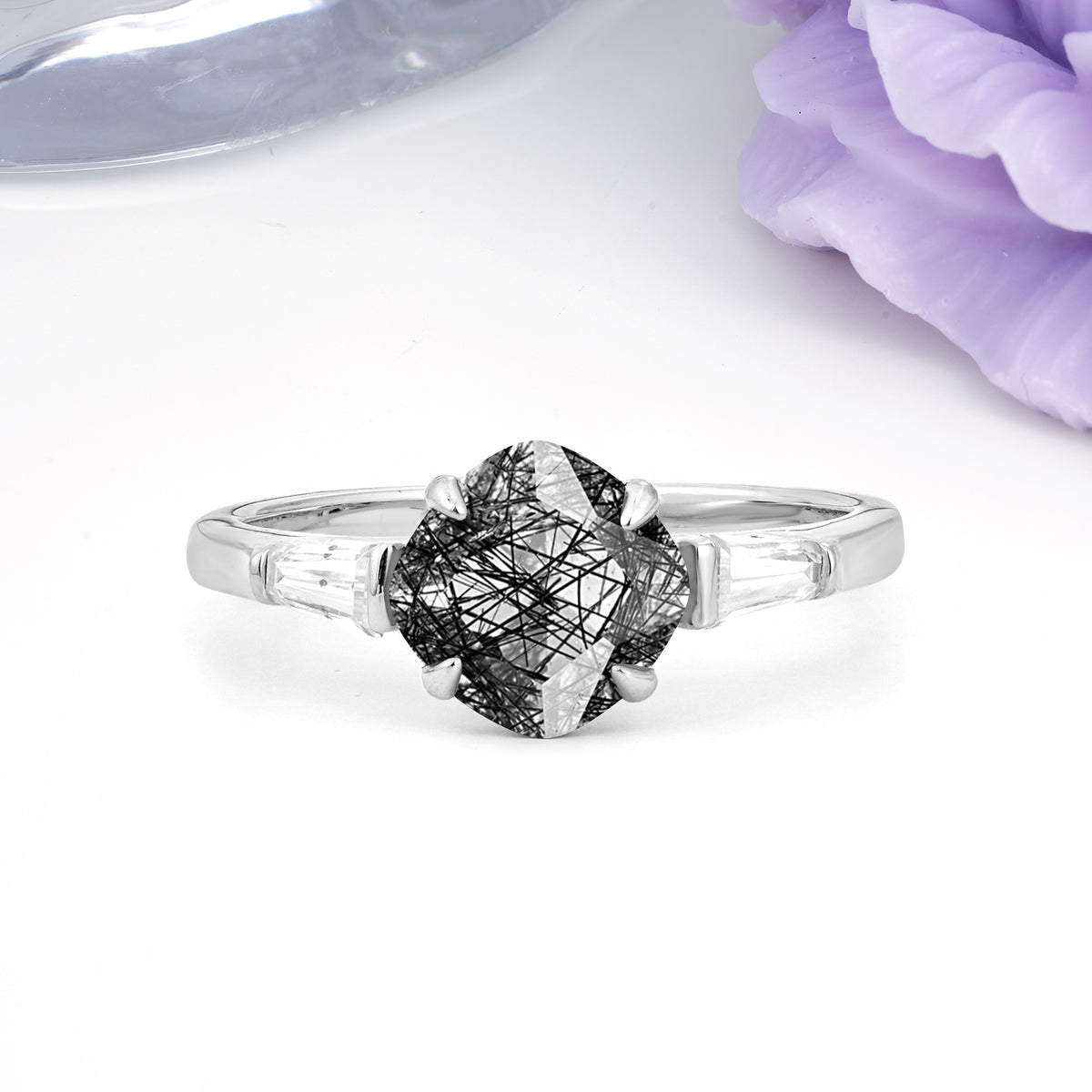 Classic, Minimalist 4-Prong Princess Cut Black Rutilated Quartz Engagement Ring - Additional view