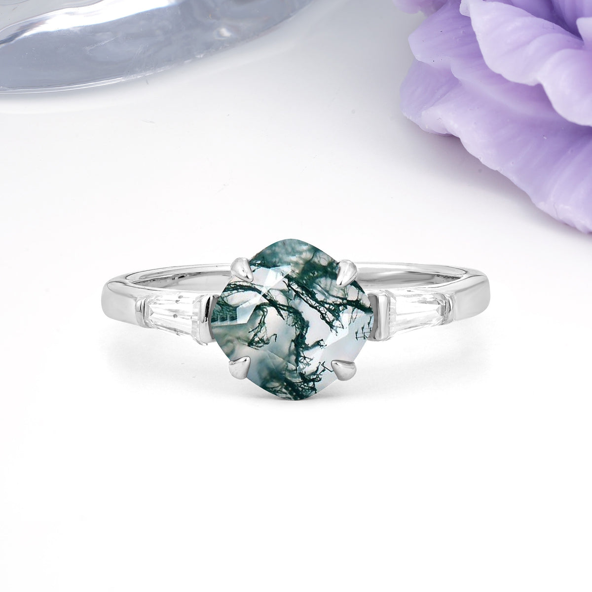 Classic, Minimalist 4-Prong Princess Cut Moss Agate Engagement Ring - Additional view