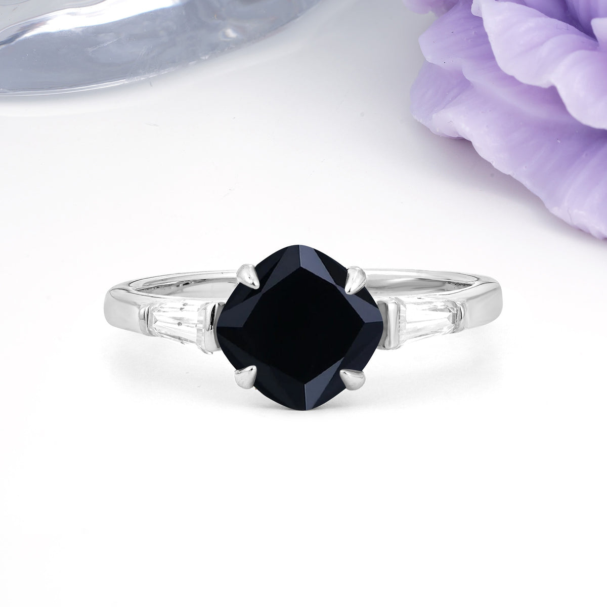 Classic, Minimalist 4-Prong Princess Cut Black Onyx Engagement Ring - Additional view