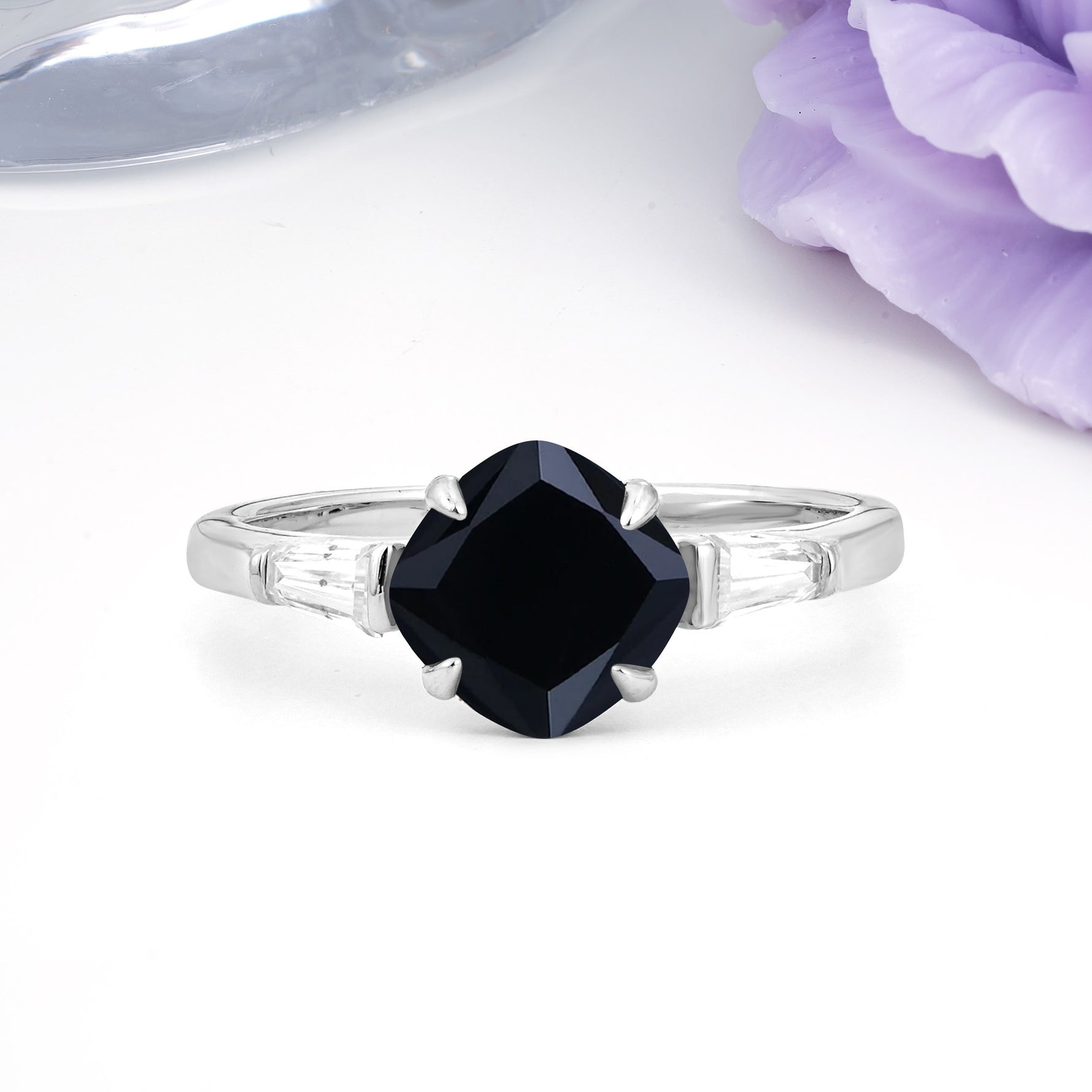Classic, Minimalist 4-Prong Princess Cut Black Onyx Engagement Ring - Additional view