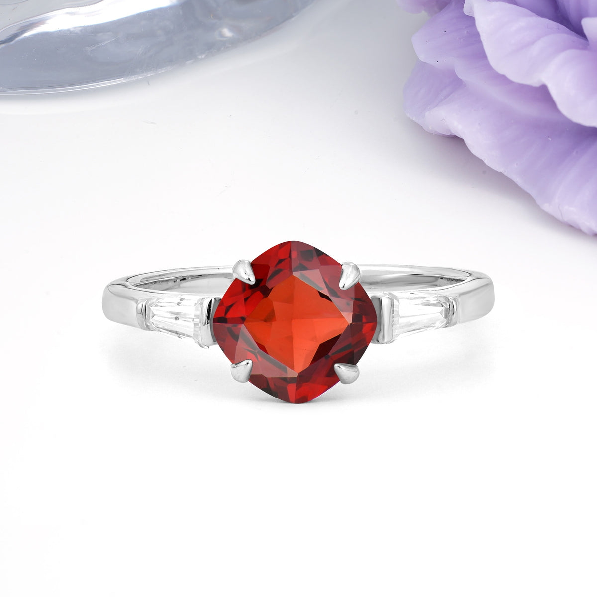 Classic, Minimalist 4-Prong Princess Cut Garnet Engagement Ring - Additional view
