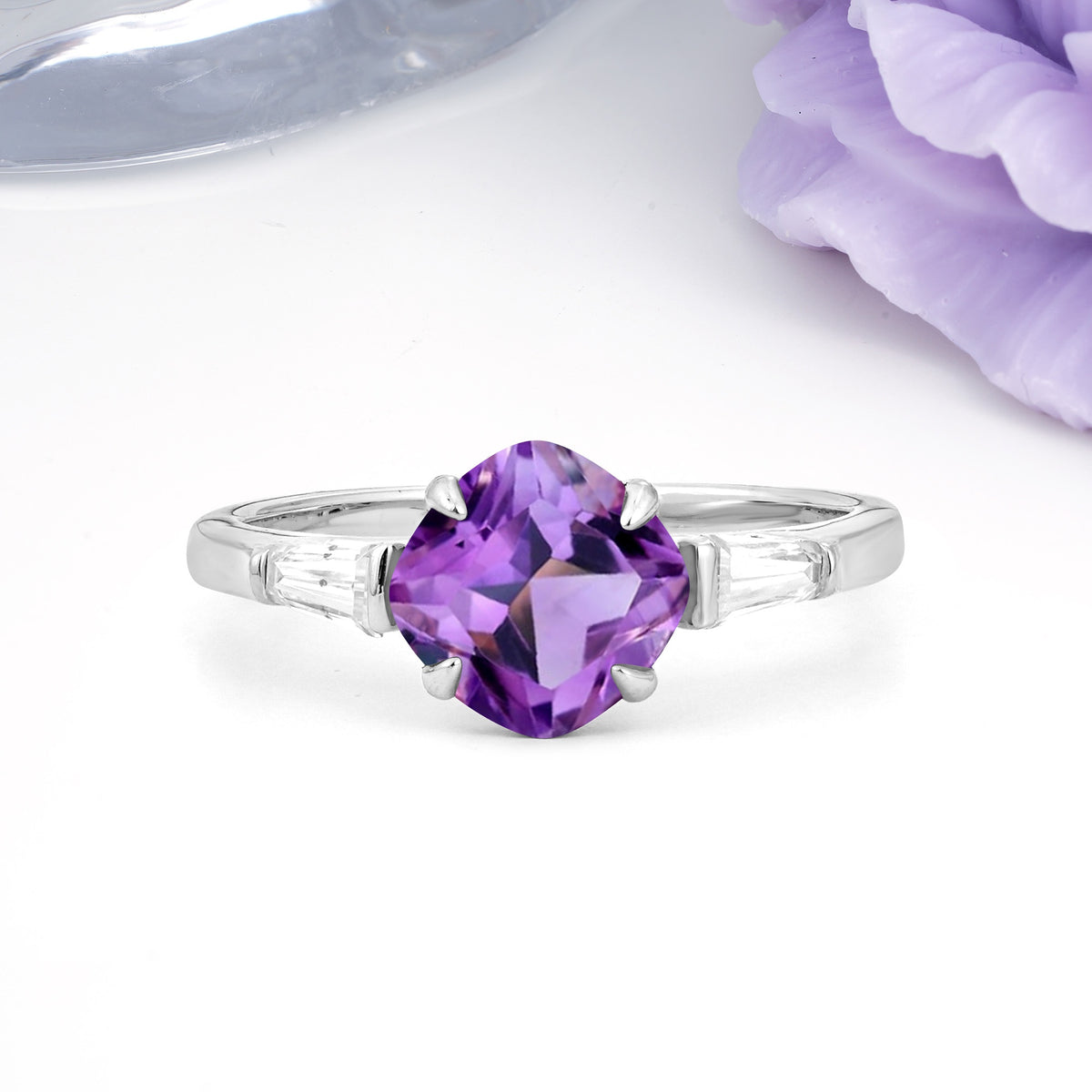 Classic, Minimalist 4-Prong Princess Cut Amethyst Engagement Ring - Additional view
