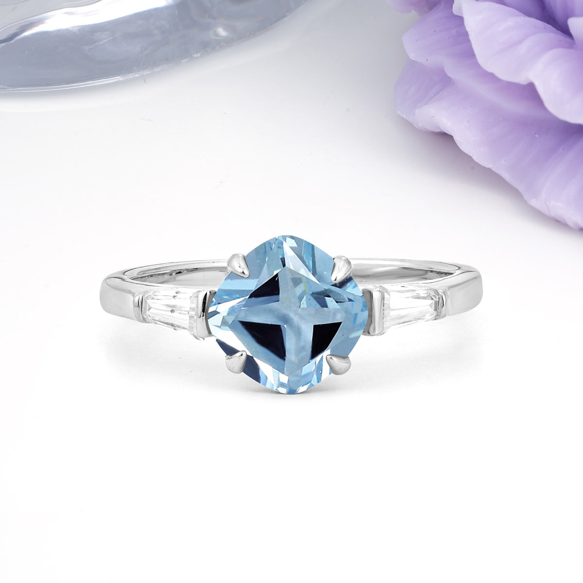 Classic, Minimalist 4-Prong Princess Cut Aquamarine Engagement Ring - Additional view