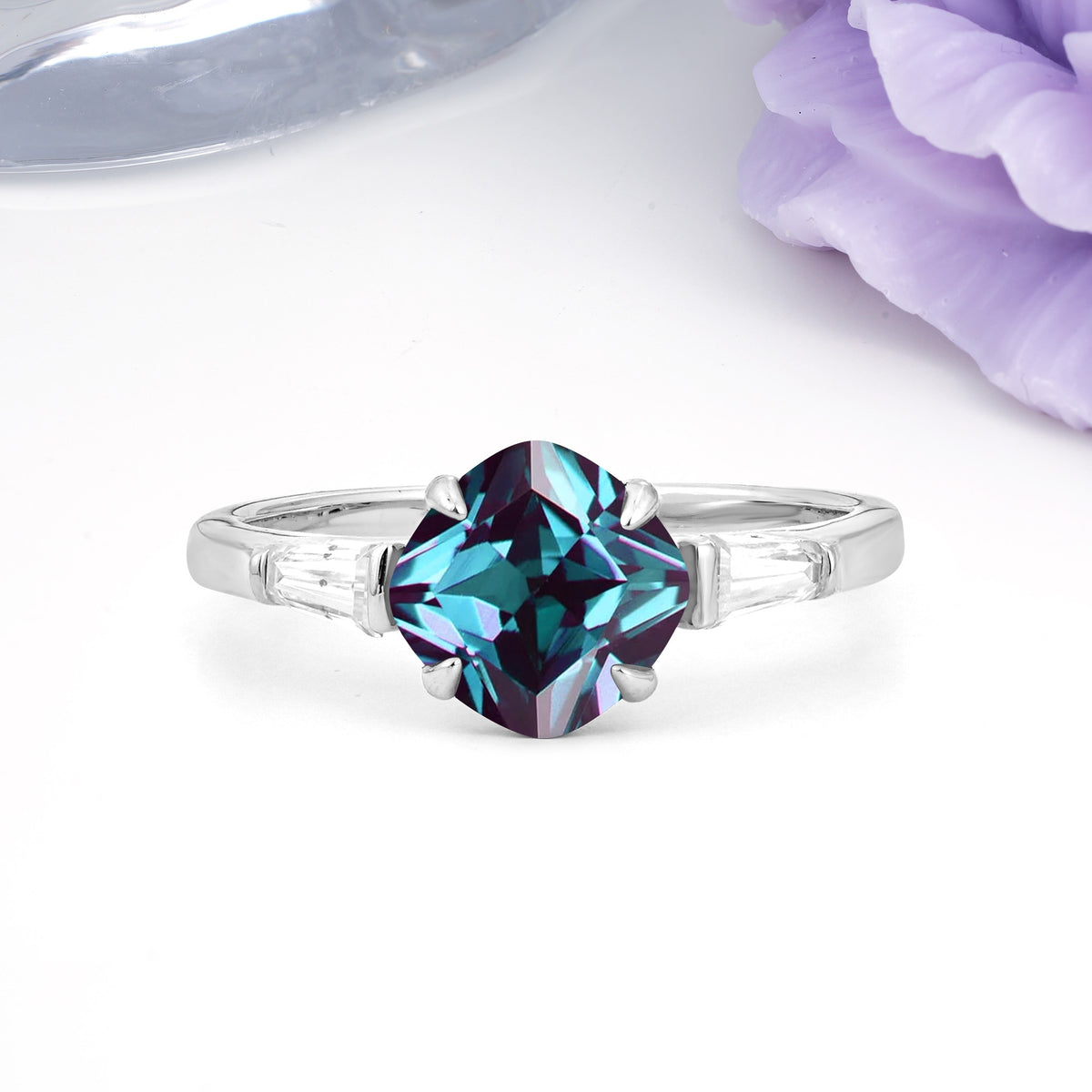 Classic, Minimalist 4-Prong Princess Cut Alexandrite Engagement Ring - Additional view