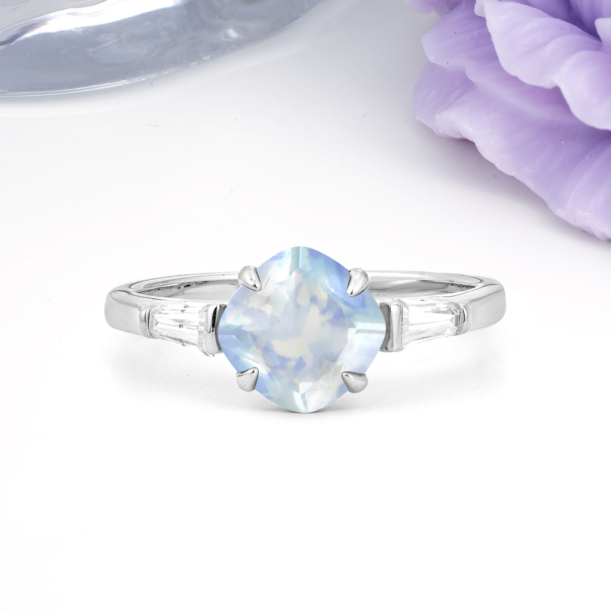 Classic, Minimalist 4-Prong Princess Cut Moonstone Engagement Ring - Additional view