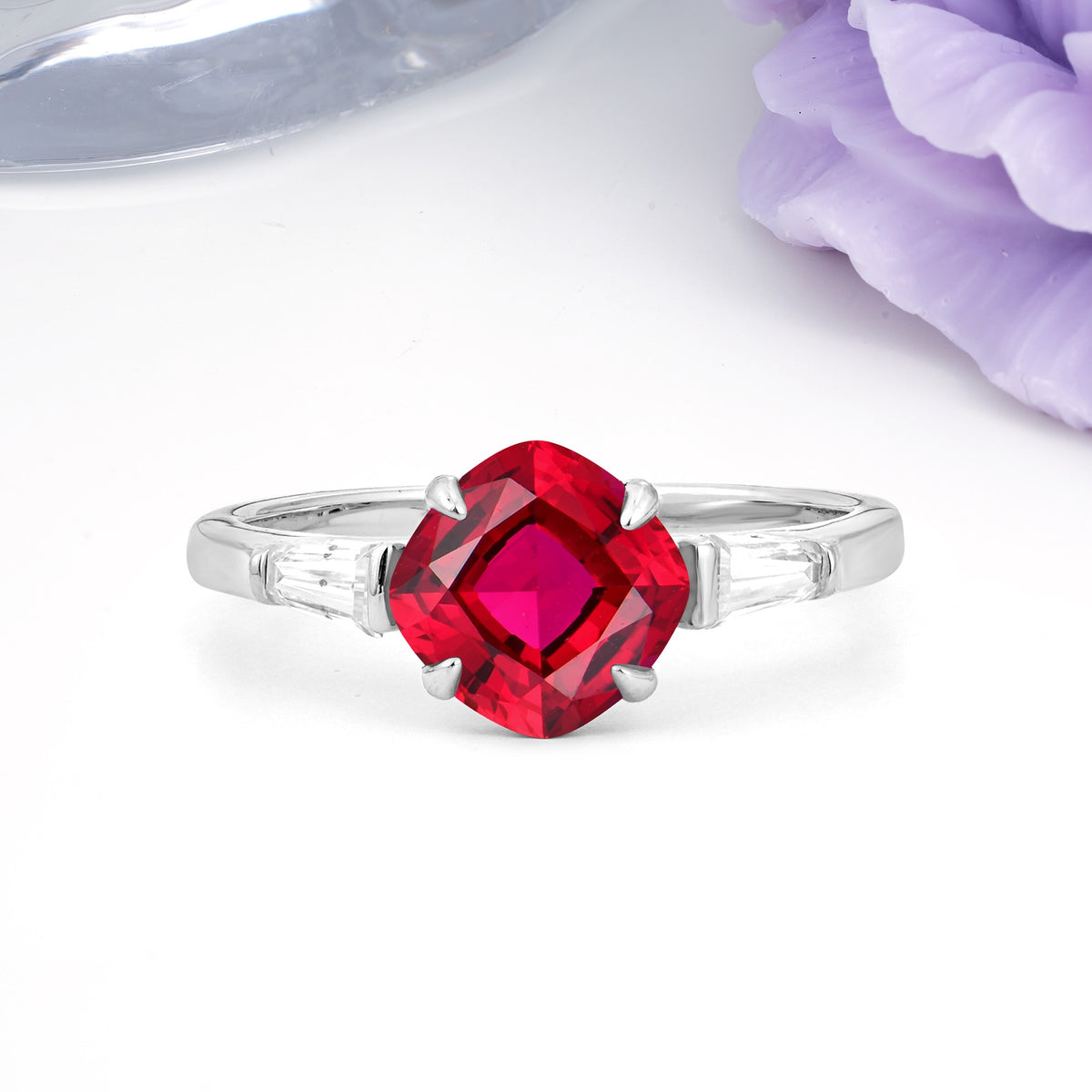 Classic, Minimalist 4-Prong Princess Cut Ruby Engagement Ring - Additional view
