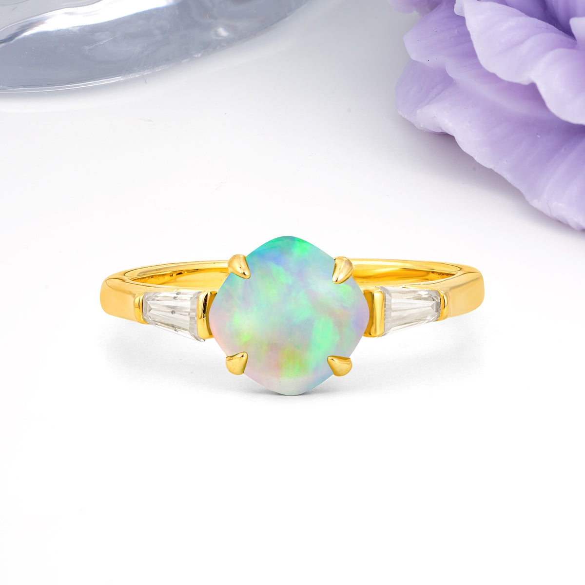 Classic, Minimalist 4-Prong Princess Cut Fire Opal Engagement Ring - Additional view