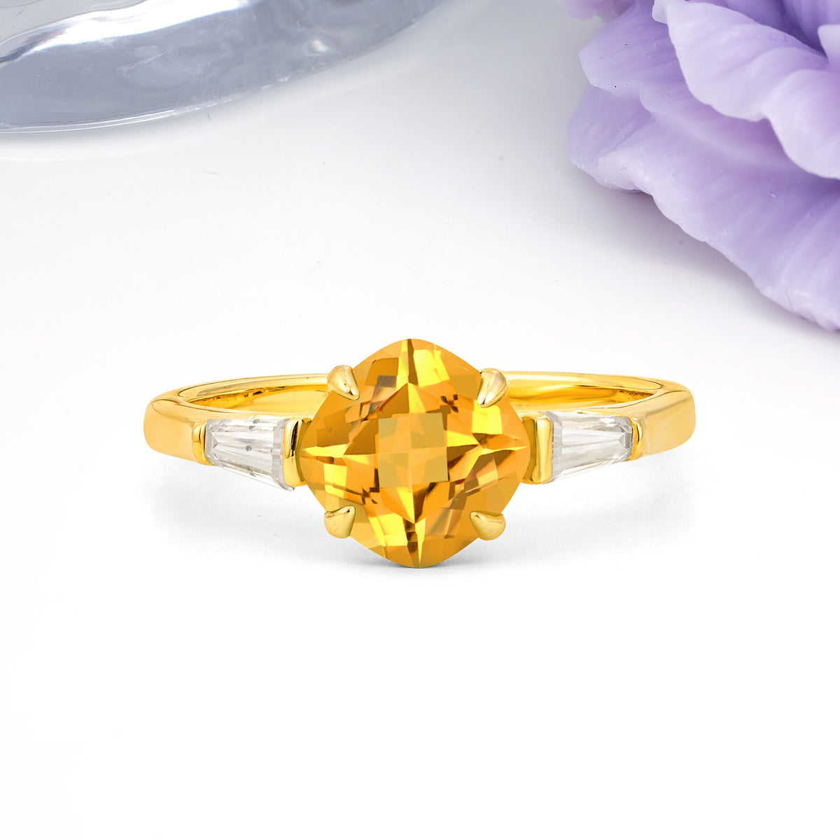 Classic, Minimalist 4-Prong Princess Cut Citrine Engagement Ring - Additional view