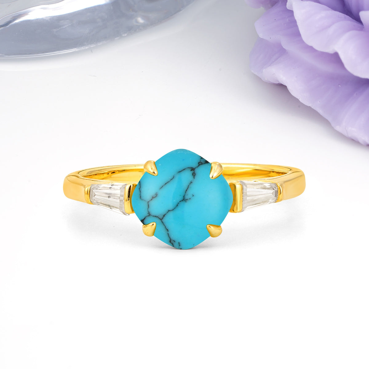 Classic, Minimalist 4-Prong Princess Cut Turquoise Engagement Ring - Additional view