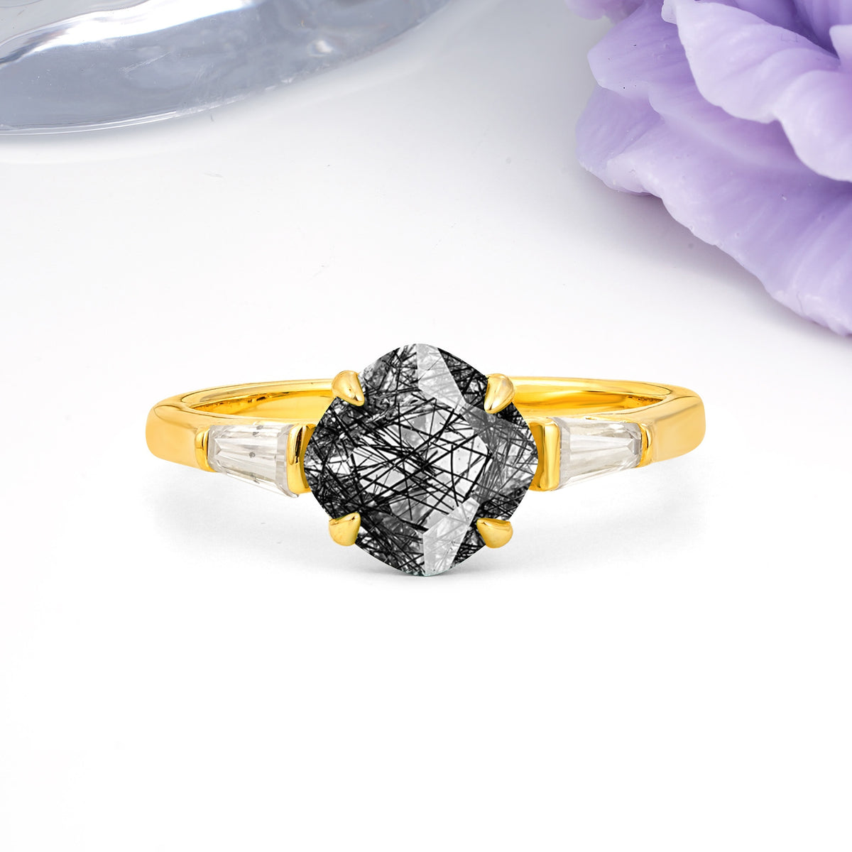 Classic, Minimalist 4-Prong Princess Cut Black Rutilated Quartz Engagement Ring - Additional view