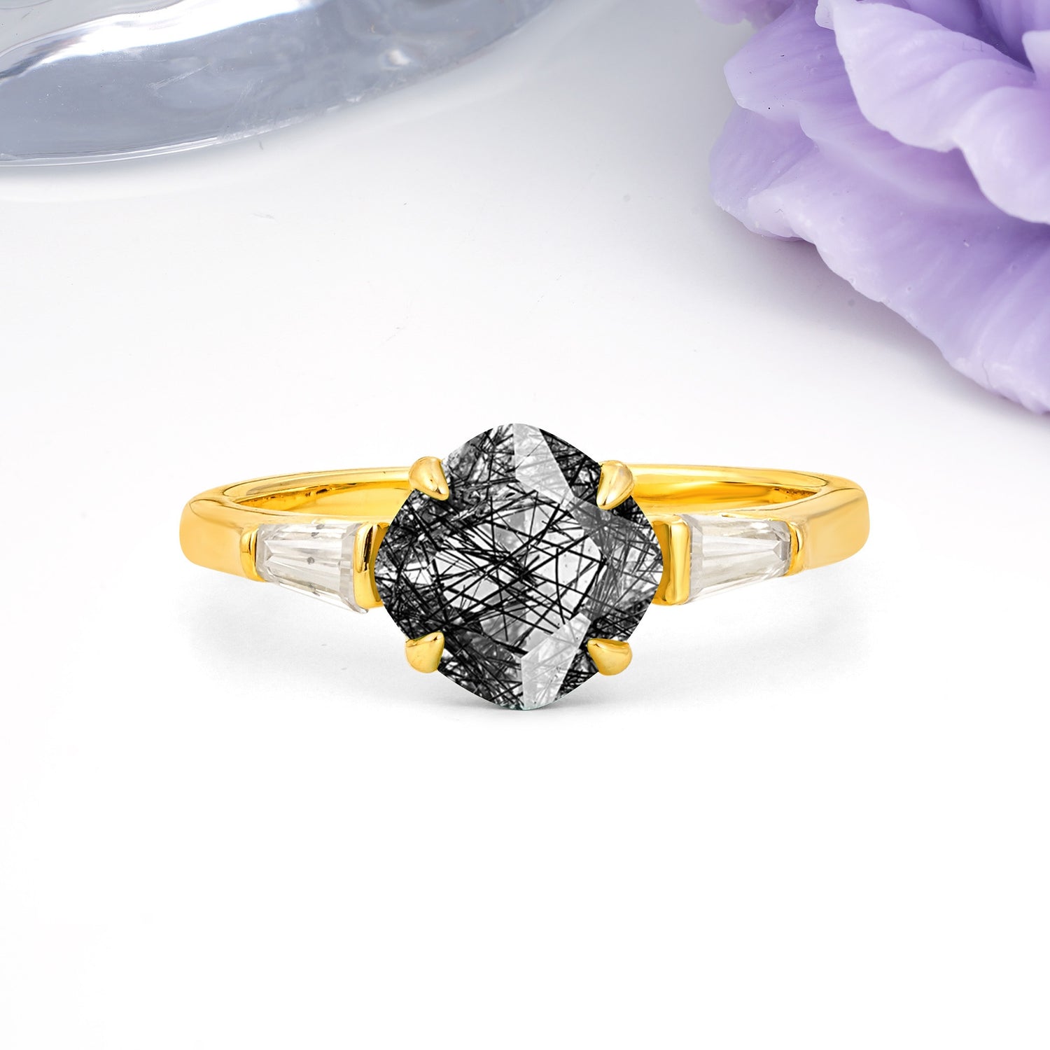 Classic, Minimalist 4-Prong Princess Cut Black Rutilated Quartz Engagement Ring - Additional view