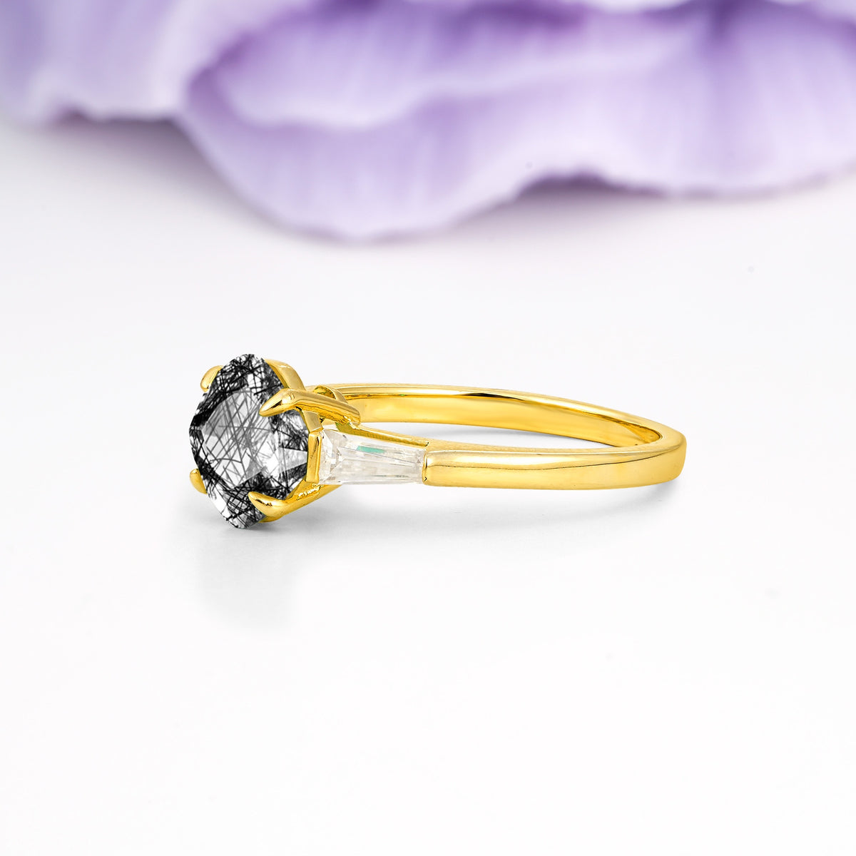 Classic, Minimalist 4-Prong Princess Cut Black Rutilated Quartz Engagement Ring - Additional view
