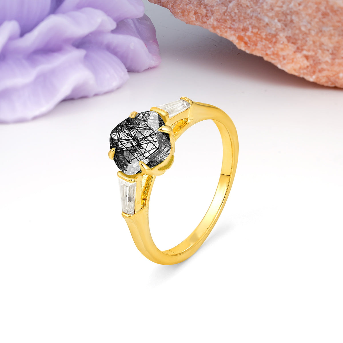 Classic, Minimalist 4-Prong Princess Cut Black Rutilated Quartz Engagement Ring - Additional view
