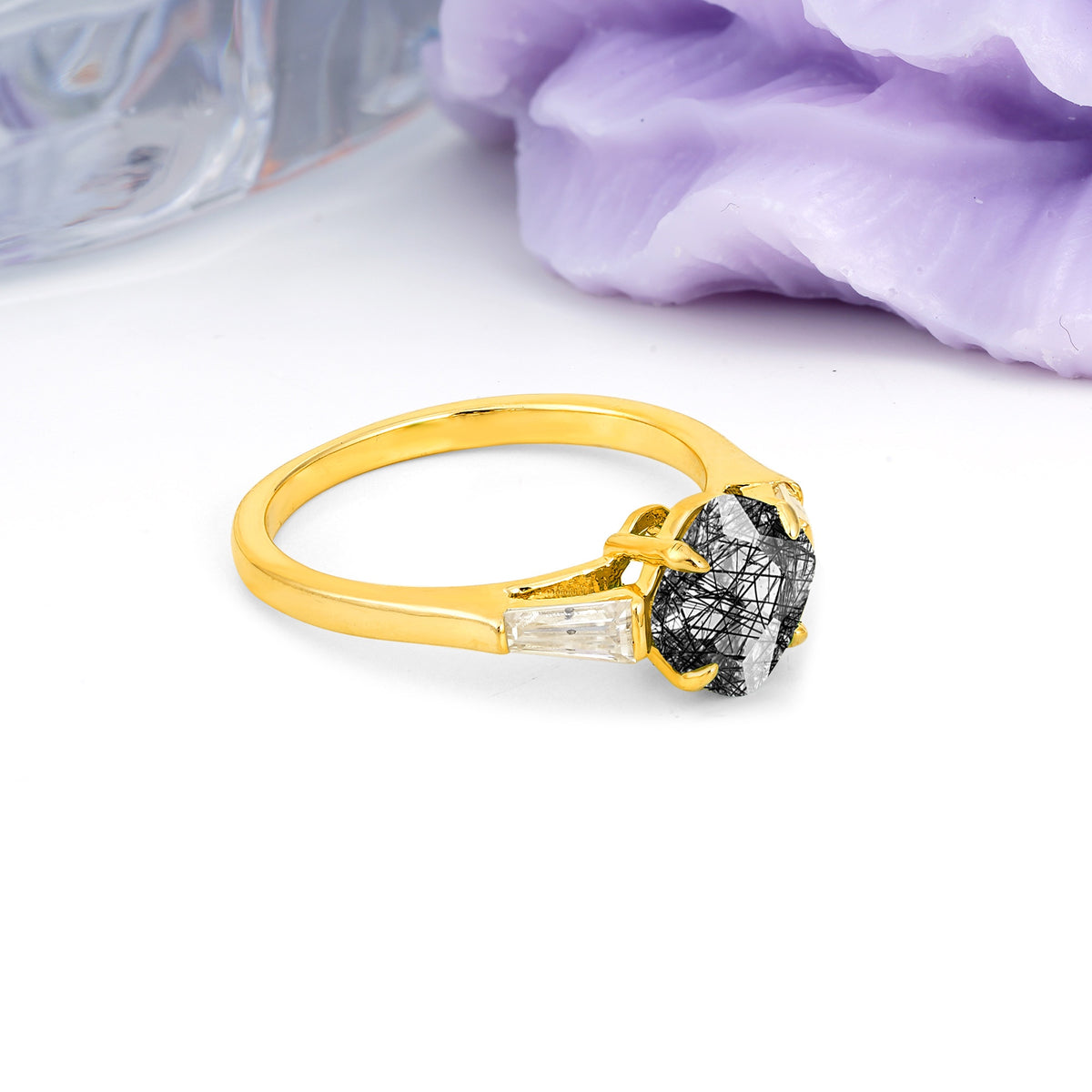 Classic, Minimalist 4-Prong Princess Cut Black Rutilated Quartz Engagement Ring - Additional view