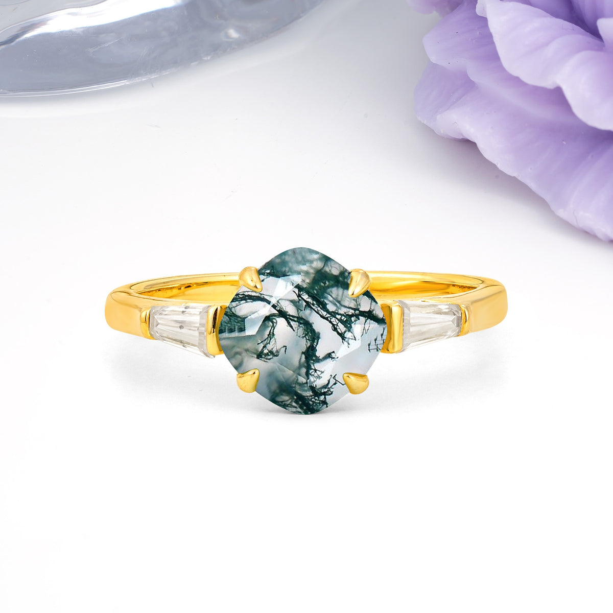 Classic, Minimalist 4-Prong Princess Cut Moss Agate Engagement Ring - Additional view