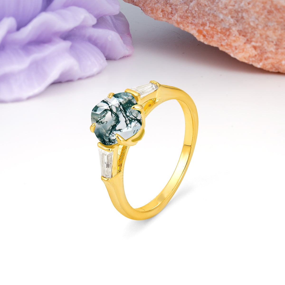Classic, Minimalist 4-Prong Princess Cut Moss Agate Engagement Ring - Additional view