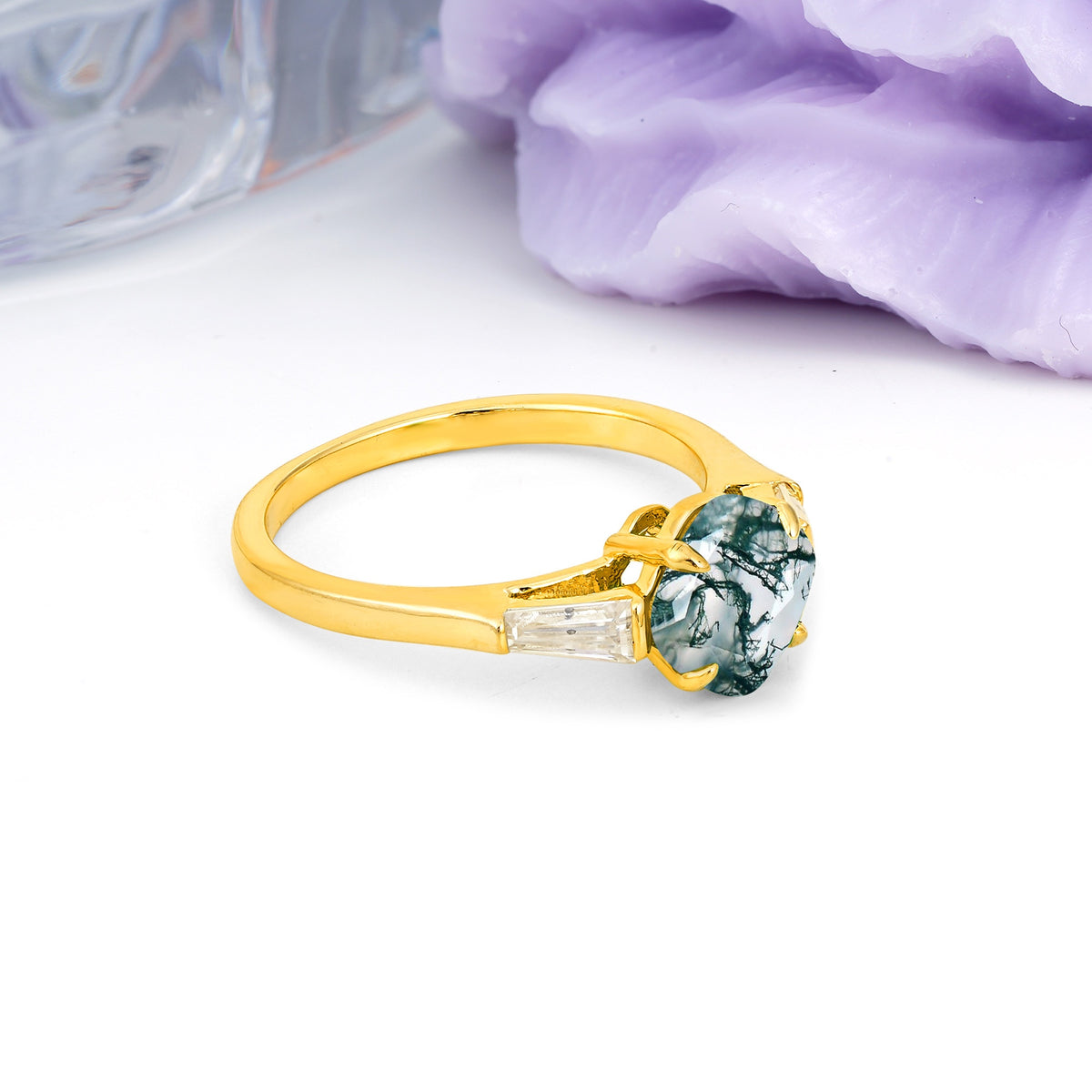 Classic, Minimalist 4-Prong Princess Cut Moss Agate Engagement Ring - Additional view