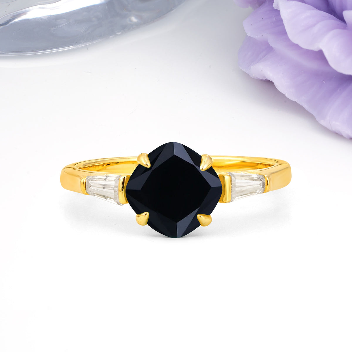 Classic, Minimalist 4-Prong Princess Cut Black Onyx Engagement Ring - Additional view