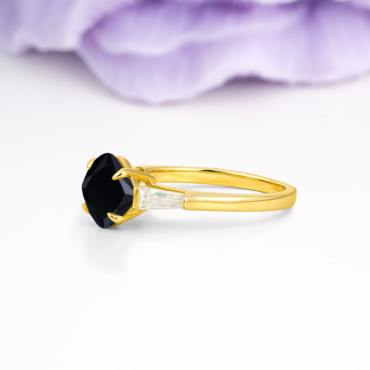 Classic, Minimalist 4-Prong Princess Cut Black Onyx Engagement Ring - Additional view