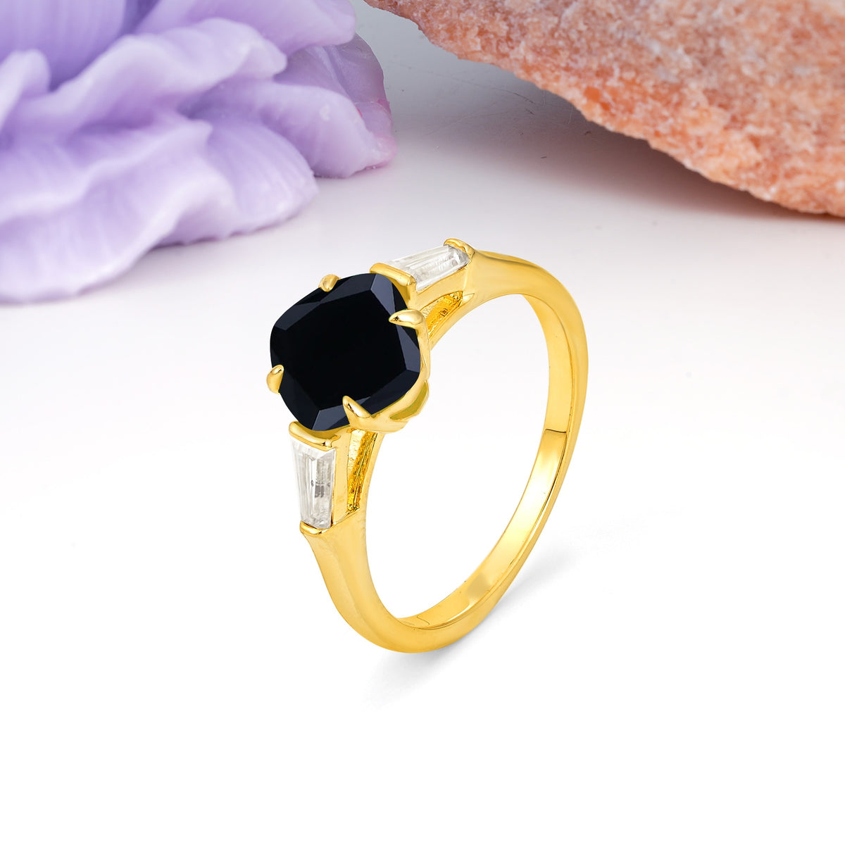 Classic, Minimalist 4-Prong Princess Cut Black Onyx Engagement Ring - Additional view