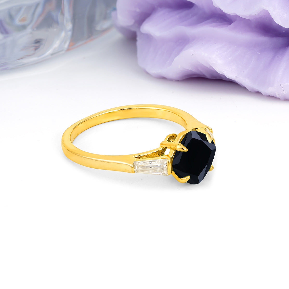 Classic, Minimalist 4-Prong Princess Cut Black Onyx Engagement Ring - Additional view