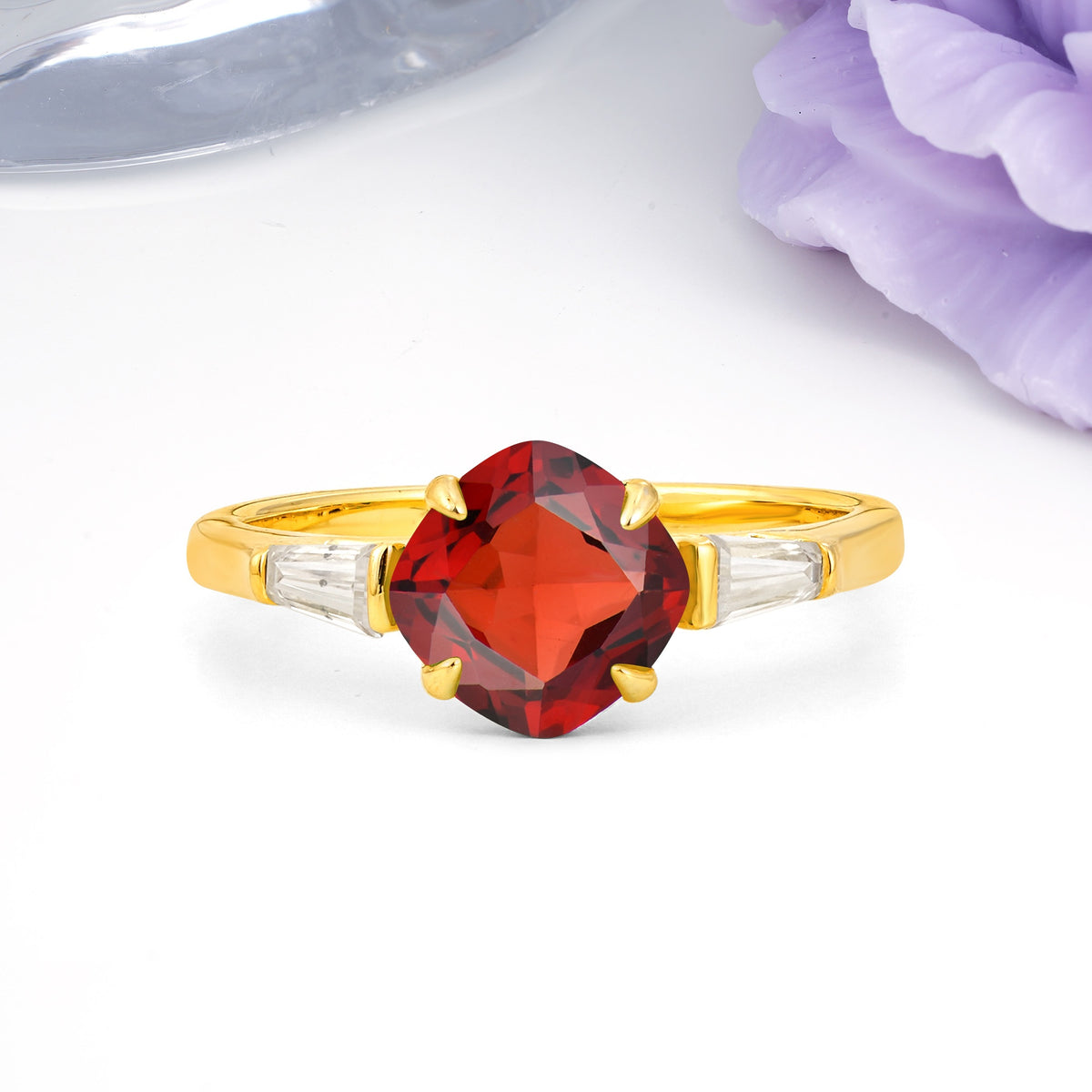 Classic, Minimalist 4-Prong Princess Cut Garnet Engagement Ring - Additional view