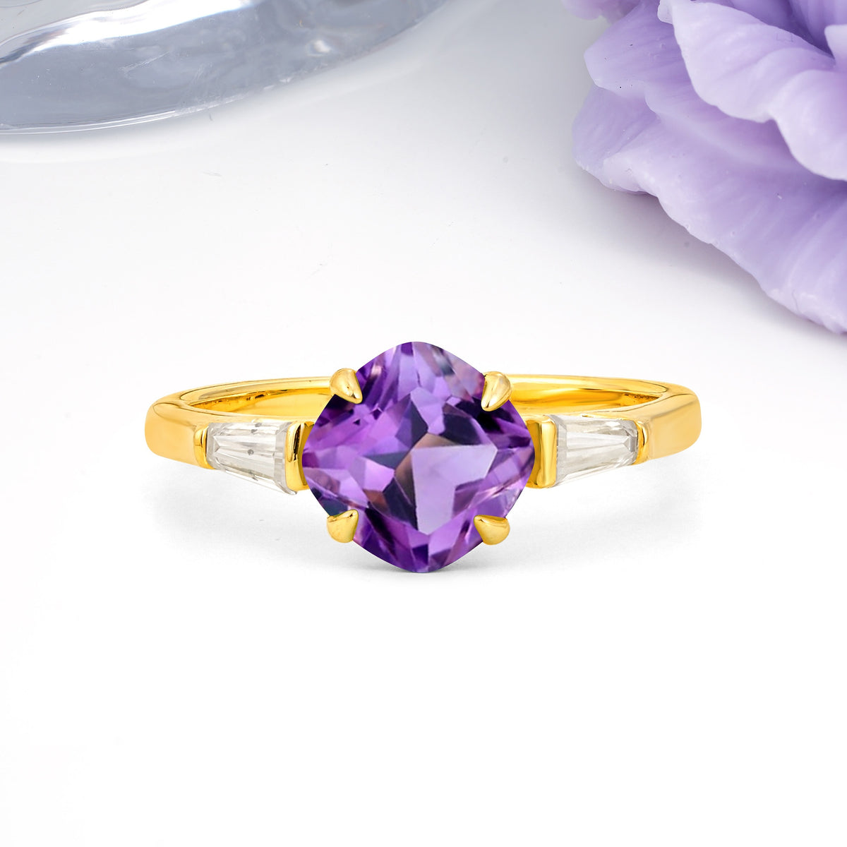 Classic, Minimalist 4-Prong Princess Cut Amethyst Engagement Ring - Additional view