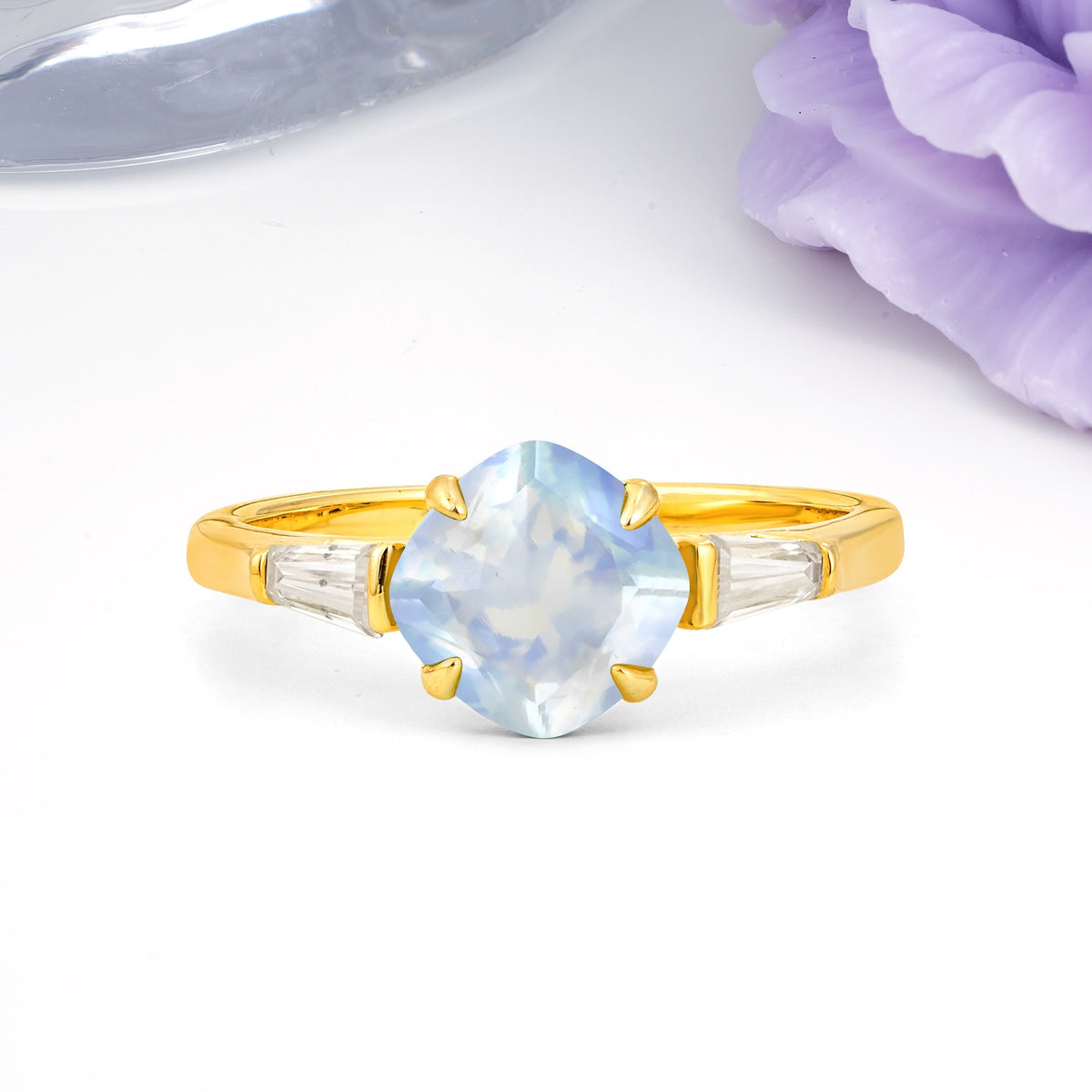 Classic, Minimalist 4-Prong Princess Cut Moonstone Engagement Ring - Additional view